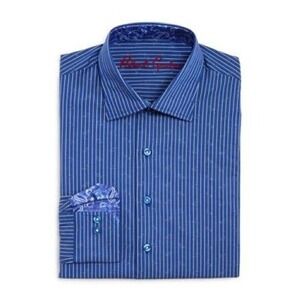 Robert‎ Graham Boys Stripe Button down Dress Shirt BORGO Navy Size Large 14 16